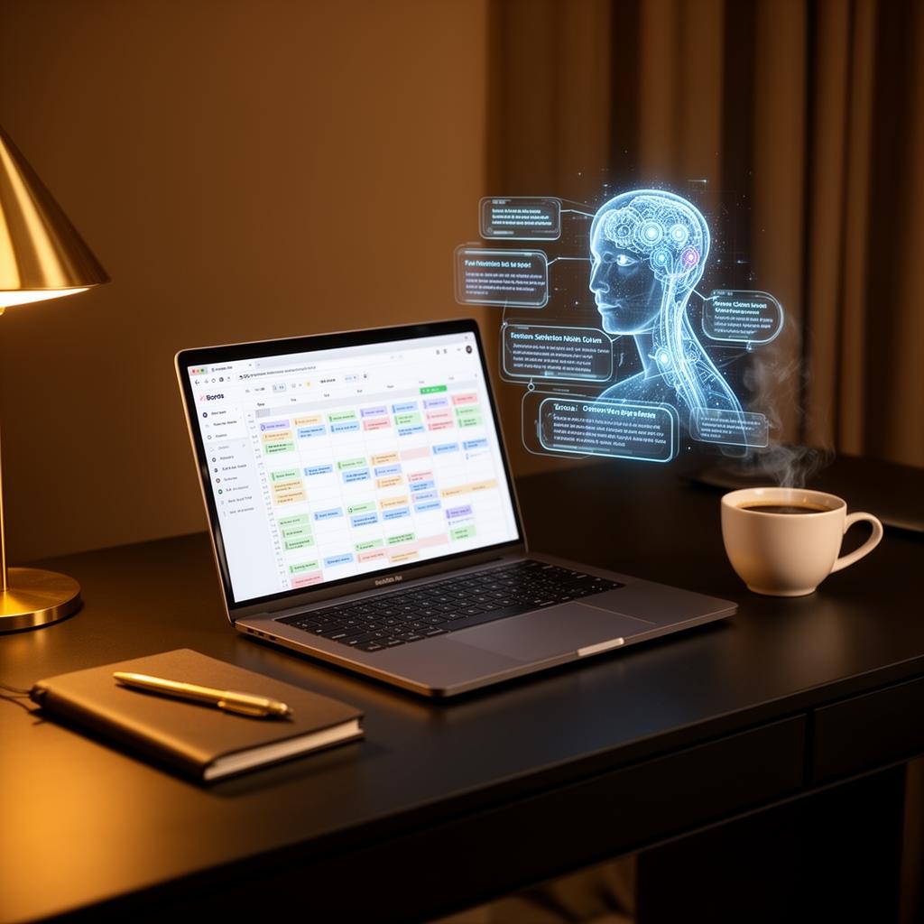 AI-powered content creation workspace with holographic AI assistant and content calendar