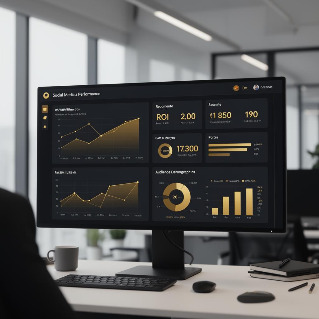 Social media performance analytics dashboard showing ROI metrics and audience demographics